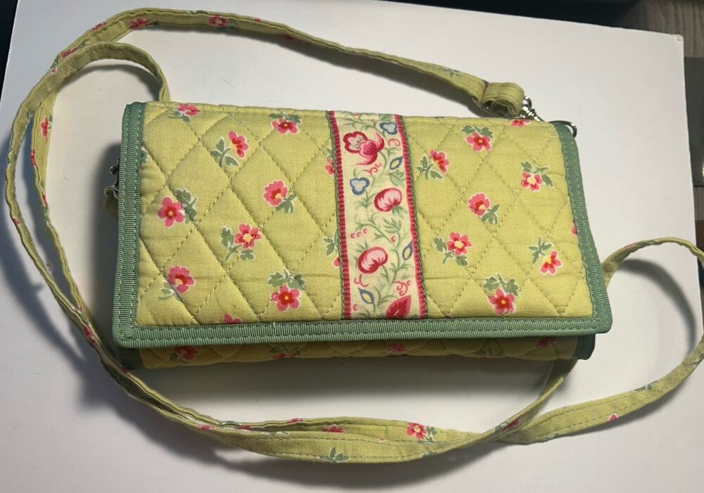 April Cornell QUILTED CLUTCH BAG Fabric Passport Wallet Billfold Green & Pink